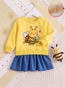 SHEIN Playful Pals 女嬰冬季休閒卡通可愛抓絨內裡日常戶外穿著卡其色駱駝印花洋裝褲裙襯衫 - 黃色 - 查看 2