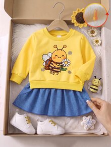 SHEIN Playful Pals 女嬰冬季休閒卡通可愛抓絨內裡日常戶外穿著卡其色駱駝印花洋裝褲裙襯衫 - 黃色 - 查看 5
