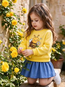 SHEIN Playful Pals 女嬰冬季休閒卡通可愛抓絨內裡日常戶外穿著卡其色駱駝印花洋裝褲裙襯衫 - 黃色 - 查看 1