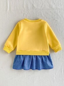 SHEIN Playful Pals 女嬰冬季休閒卡通可愛抓絨內裡日常戶外穿著卡其色駱駝印花洋裝褲裙襯衫 - 黃色 - 查看 3