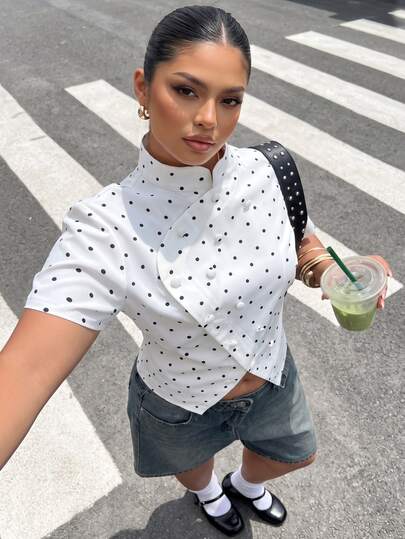 Muchica Plus Size Women Polka Dot Casual Versatile Daily Wear Shirt Fall