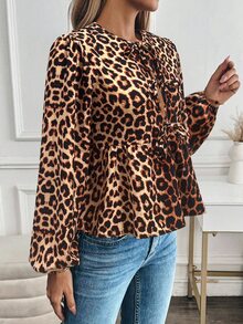 SHEIN LUNE Leopard Print Tie Neck Lantern Sleeve Peplum Blouse Peplum Top - Multicolor - View 5