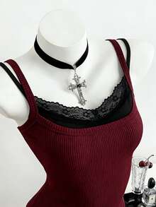 Elamini Atasan Camisole Tanpa Lengan Gaya Goth Kasual Wanita dengan Hiasan Renda, Desain 2-in-1 Palsu, Warna Burgundy Gelap, Cocok untuk Klub Musim Semi/Panas - Burgundy - View 3
