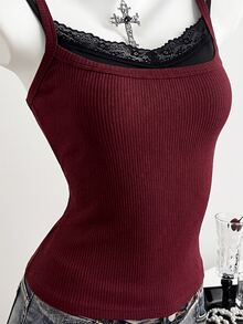 Elamini Atasan Camisole Tanpa Lengan Gaya Goth Kasual Wanita dengan Hiasan Renda, Desain 2-in-1 Palsu, Warna Burgundy Gelap, Cocok untuk Klub Musim Semi/Panas - Burgundy - View 7