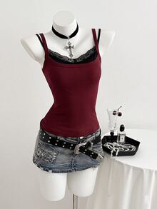 Elamini Atasan Camisole Tanpa Lengan Gaya Goth Kasual Wanita dengan Hiasan Renda, Desain 2-in-1 Palsu, Warna Burgundy Gelap, Cocok untuk Klub Musim Semi/Panas - Burgundy - View 5