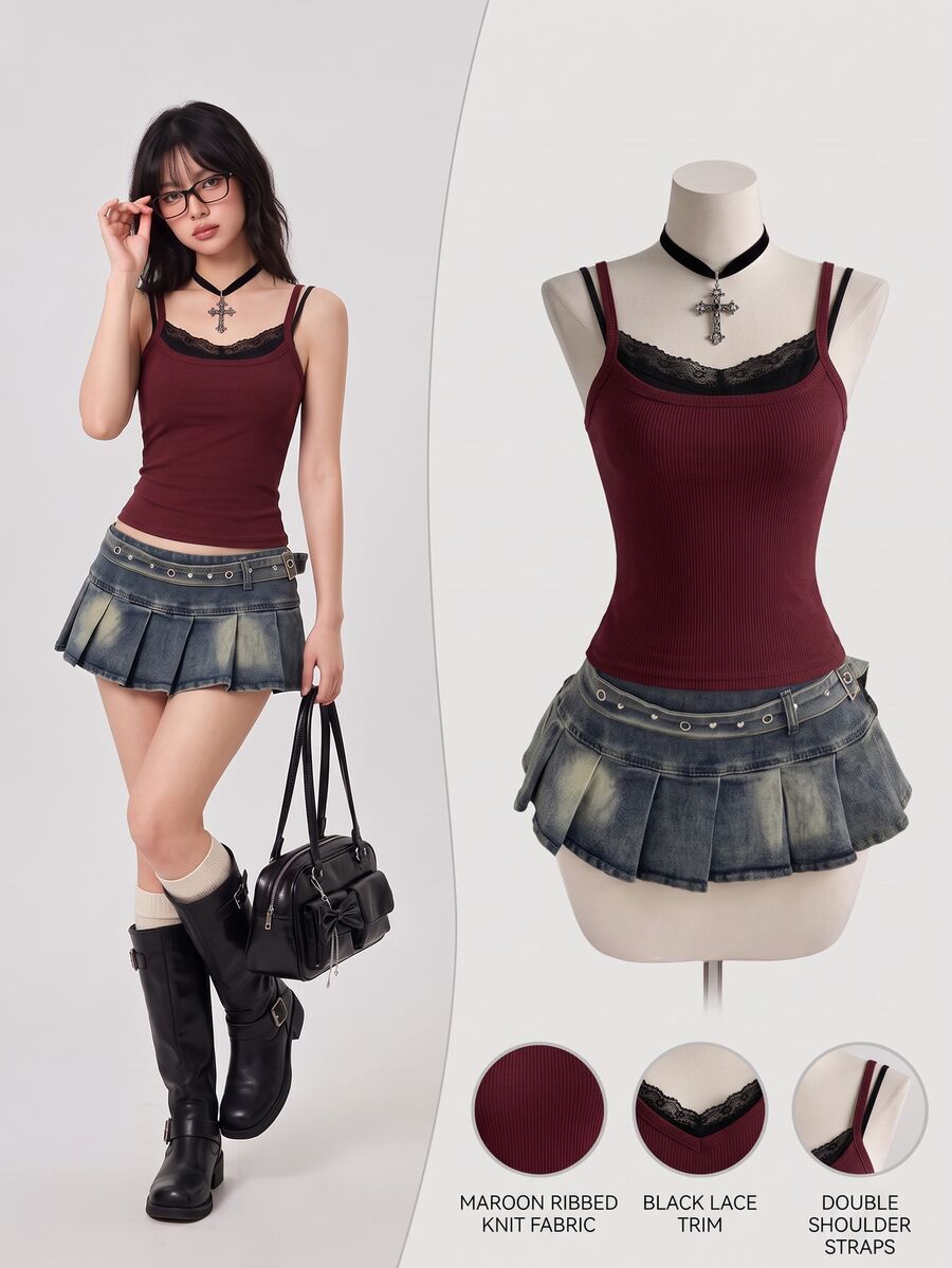 Elamini Atasan Camisole Tanpa Lengan Gaya Goth Kasual Wanita dengan Hiasan Renda, Desain 2-in-1 Palsu, Warna Burgundy Gelap, Cocok untuk Klub Musim Semi/Panas - Burgundy - View 1