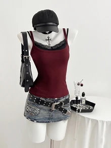 Elamini Atasan Camisole Tanpa Lengan Gaya Goth Kasual Wanita dengan Hiasan Renda, Desain 2-in-1 Palsu, Warna Burgundy Gelap, Cocok untuk Klub Musim Semi/Panas - Burgundy - View 6