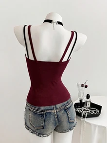 Elamini Atasan Camisole Tanpa Lengan Gaya Goth Kasual Wanita dengan Hiasan Renda, Desain 2-in-1 Palsu, Warna Burgundy Gelap, Cocok untuk Klub Musim Semi/Panas - Burgundy - View 2