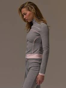 Musera Sport Funnel Neck Zip Through Contrast Piping Fitted Long Sleeve BBL Style Coord Jacket Cute Girly Autumn Winter Fall Gym Holiday Dainty Ice - Grey - View 3