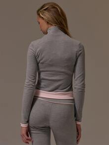 Musera Sport Funnel Neck Zip Through Contrast Piping Fitted Long Sleeve BBL Style Coord Jacket Cute Girly Autumn Winter Fall Gym Holiday Dainty Ice - Grey - View 4