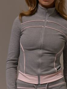 Musera Sport Funnel Neck Zip Through Contrast Piping Fitted Long Sleeve BBL Style Coord Jacket Cute Girly Autumn Winter Fall Gym Holiday Dainty Ice - Grey - View 5