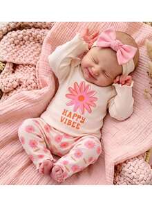SHEIN Newborn Baby Girl Cute Casual Knit Floral Pattern Top And Elastic Waist Pajama Pants Loungewear Set - Pink - View 1