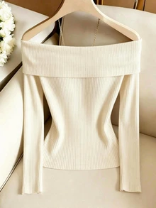 SHEIN Fall Women's Elegant Cold Shoulder Twist Ruched Ribbed Knit Tops Long Sleeve Slim Fitted Casual T-Shirt FoldOver Neck Brunch Night Autumn Basic Wear - Apricot - View 3