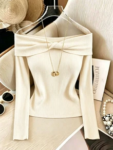 SHEIN Fall Women's Elegant Cold Shoulder Twist Ruched Ribbed Knit Tops Long Sleeve Slim Fitted Casual T-Shirt FoldOver Neck Brunch Night Autumn Basic Wear - Apricot - View 9