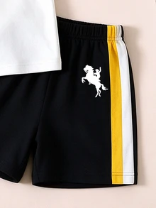 Young Boys 1-Pack Black Summer Outfits, Toddler 2Pcs Cute Horse Rider Graphic Striped Short Sleeve T-Shirt And Shorts Matching Clothing Set - Multicolor - View 5
