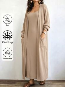 SHEIN LUNE Plus Size Women's Casual Everyday Apricot Sleeveless Crew Neck Spaghetti Strap Dress & Long Cardigan With Pockets 2 Pieces Set – Ideal For Fall/Winter - Apricot - View 3