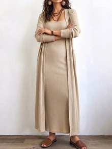 SHEIN LUNE Plus Size Women's Casual Everyday Apricot Sleeveless Crew Neck Spaghetti Strap Dress & Long Cardigan With Pockets 2 Pieces Set – Ideal For Fall/Winter - Apricot - View 5