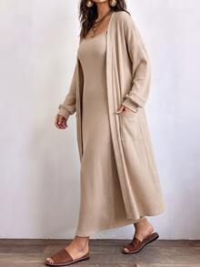 SHEIN LUNE Plus Size Women's Casual Everyday Apricot Sleeveless Crew Neck Spaghetti Strap Dress & Long Cardigan With Pockets 2 Pieces Set – Ideal For Fall/Winter - Apricot - View 1