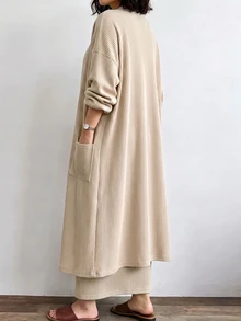 SHEIN LUNE Plus Size Women's Casual Everyday Apricot Sleeveless Crew Neck Spaghetti Strap Dress & Long Cardigan With Pockets 2 Pieces Set – Ideal For Fall/Winter - Apricot - View 2