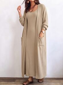 SHEIN LUNE Plus Size Women's Casual Everyday Apricot Sleeveless Crew Neck Spaghetti Strap Dress & Long Cardigan With Pockets 2 Pieces Set – Ideal For Fall/Winter - Apricot - View 4