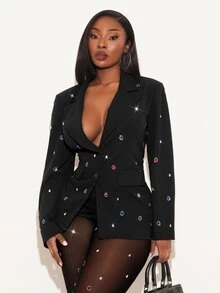 Radiana Plus Size Women's Black,Winter,Elegant,Formal,Evening,Night Out Club Rhinestones Embellished Blazer,Fall & Winter,Spring&Summer,High Street,Vintage - Black - View 4