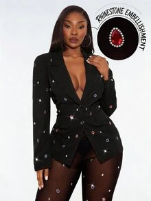 Radiana Plus Size Women's Black,Winter,Elegant,Formal,Evening,Night Out Club Rhinestones Embellished Blazer,Fall & Winter,Spring&Summer,High Street,Vintage - Black - View 1