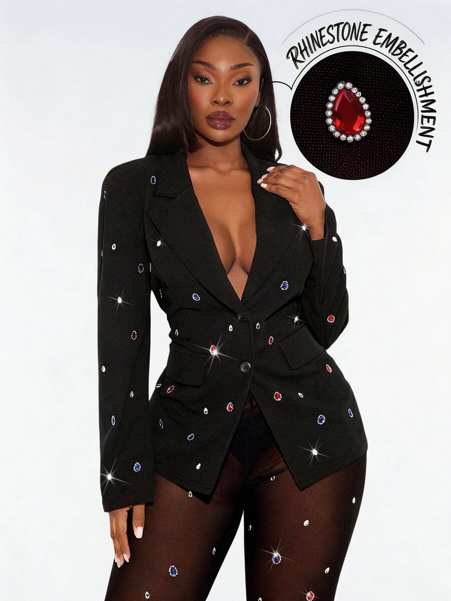 Radiana Plus Size Women's Black,Winter,Elegant,Formal,Evening,Night Out Club Rhinestones Embellished Blazer,Fall & Winter,Spring&Summer,High Street,Vintage - Black - View 1
