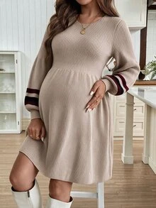 SHEIN Fall/Winter Maternity Striped Patchwork Round Neck Long Sleeve Casual Knit Dress - Camel - View 4