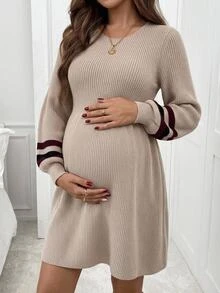 SHEIN Fall/Winter Maternity Striped Patchwork Round Neck Long Sleeve Casual Knit Dress - Camel - View 1