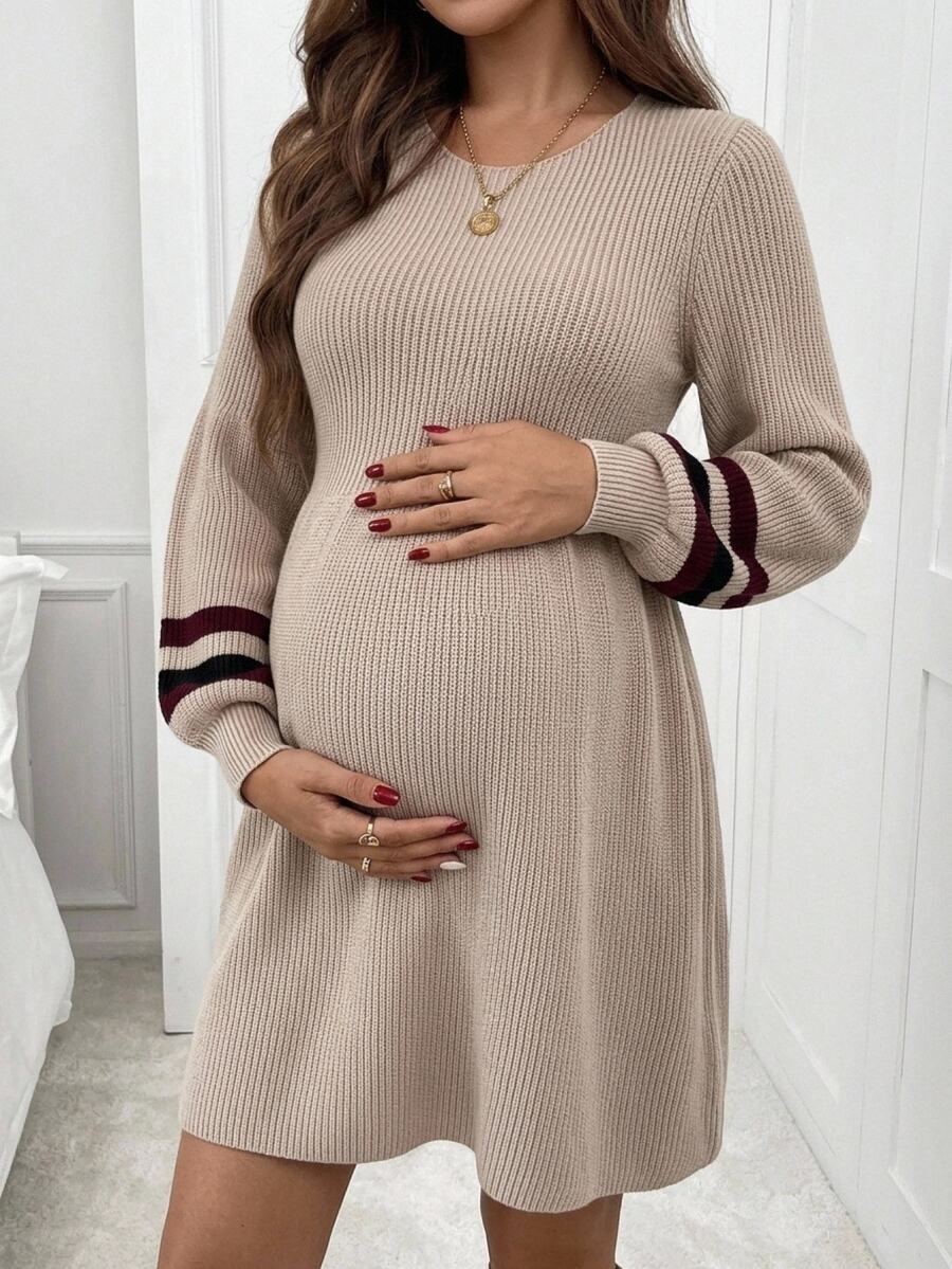 SHEIN Fall/Winter Maternity Striped Patchwork Round Neck Long Sleeve Casual Knit Dress - Camel - View 1