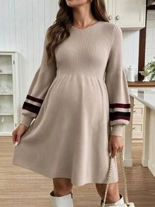 SHEIN Fall/Winter Maternity Striped Patchwork Round Neck Long Sleeve Casual Knit Dress - Camel - View 7