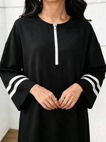 Mulvari 女款黑白條紋拼色休閒寬鬆套頭長版衛衣洋裝，基礎款寬大版型，適合國慶、早午餐、秋季穿著 - 黑色 - 查看 7