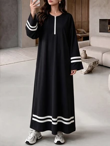 Mulvari 女款黑白條紋拼色休閒寬鬆套頭長版衛衣洋裝，基礎款寬大版型，適合國慶、早午餐、秋季穿著 - 黑色 - 查看 9