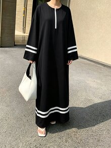 Mulvari 女款黑白條紋拼色休閒寬鬆套頭長版衛衣洋裝，基礎款寬大版型，適合國慶、早午餐、秋季穿著 - 黑色 - 查看 4
