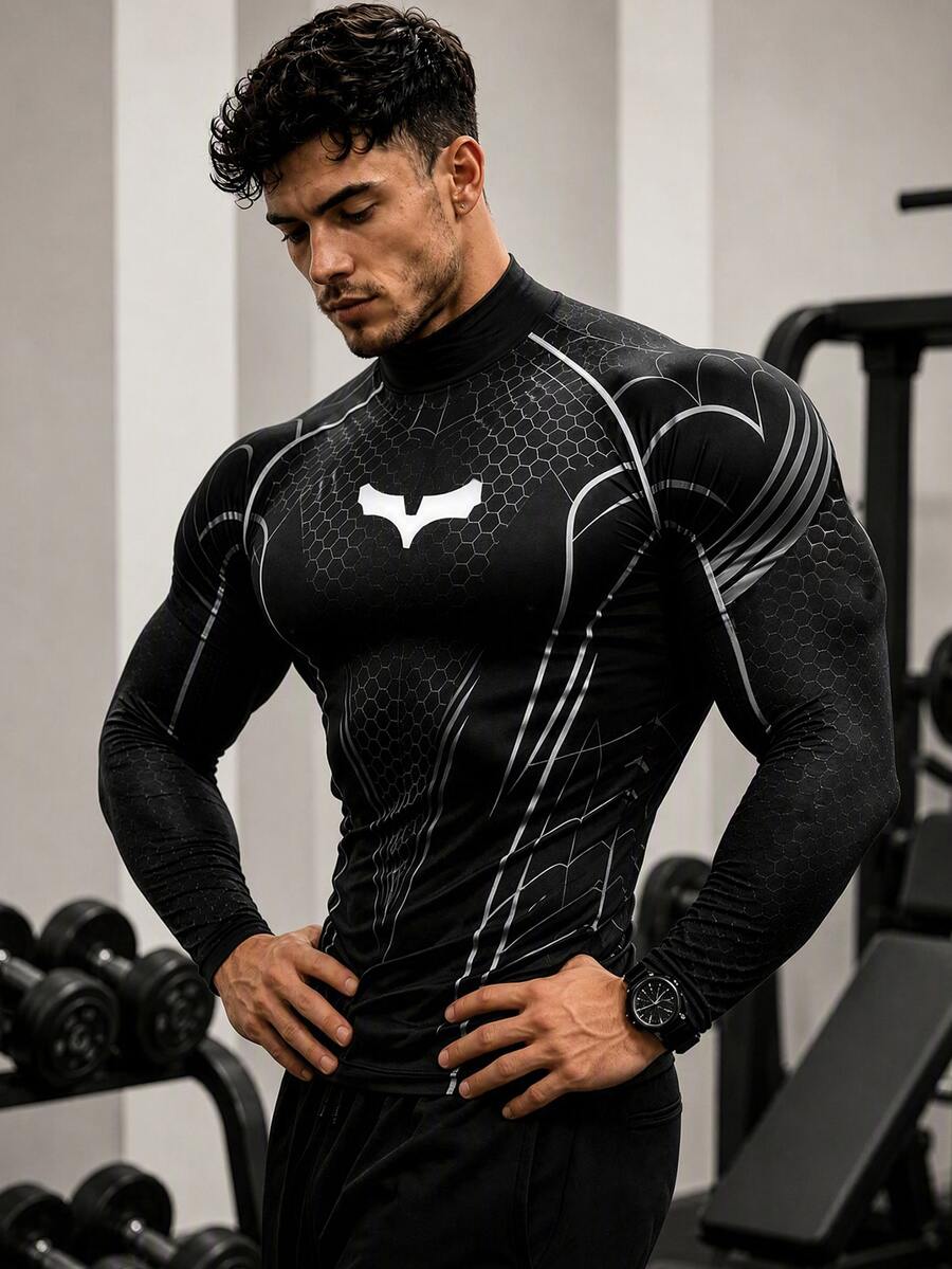 GymBeat Men's Muscle Fit Futuristic Armor Graphic Print Compression Long Sleeve T-Shirt, Athletic Gym Workout Top, Outdoor Running Training Sports Tee - Multicolor - View 1