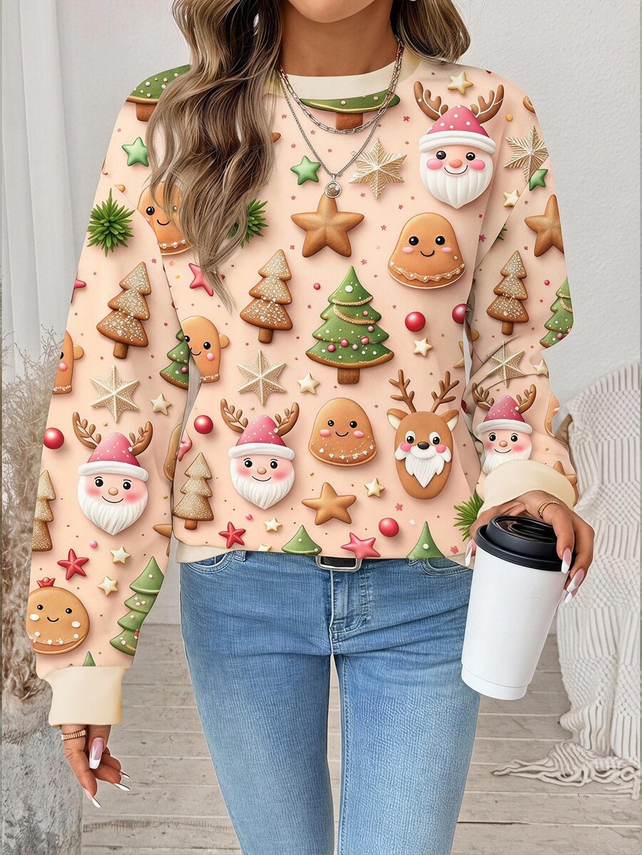 SHEIN LUNE Reindeer Gingerbread Man Christmas Tree Santa Claus Casual Minimalist Plus Size Sweatshirt Suitable For Holiday Outfits - Multicolor - View 1