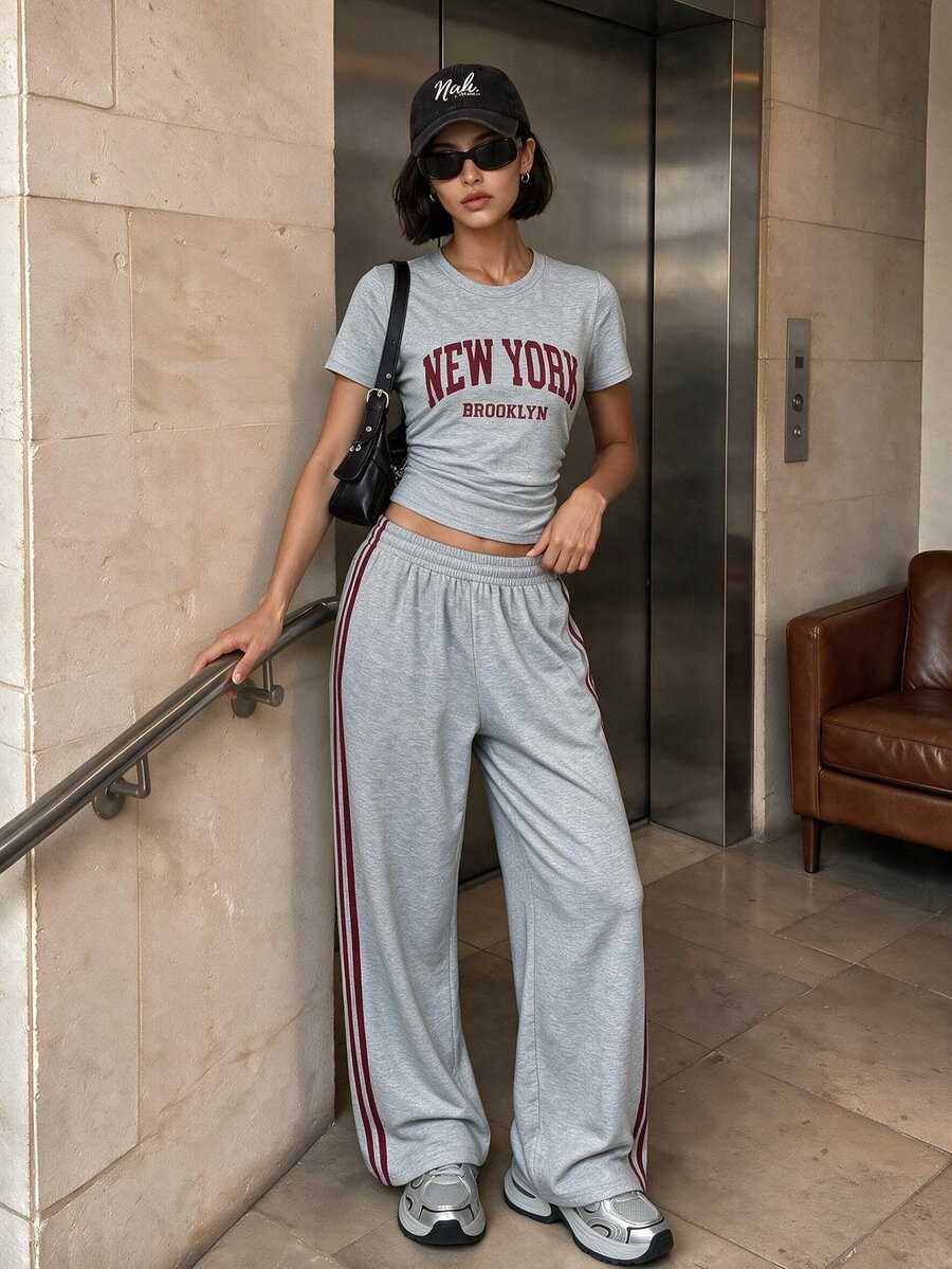 Aidyla 女士时尚休闲字母印花上衣和侧条纹运动裤两件套 - 灰色 - 查看 1