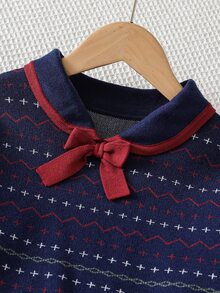 Tween Girl Jacquard Contrast Color Lace-Up Sweater And Pants Set Off Campus Formal Fall Cute Preppy - Navy Blue - View 3