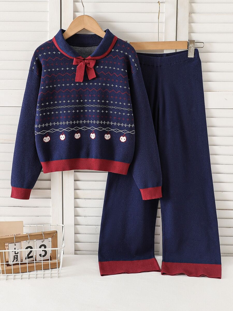 Tween Girl Jacquard Contrast Color Lace-Up Sweater And Pants Set Off Campus Formal Fall Cute Preppy - Navy Blue - View 1