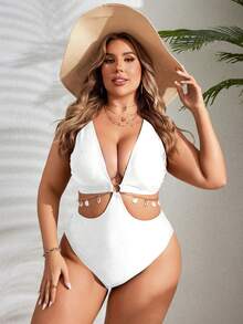 SHEIN Swim Curve Plus Size Solid Color Hollow Chain Decor One-Piece Swimsuit, Summer - White - View 9