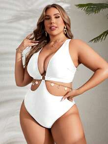 SHEIN Swim Curve Plus Size Solid Color Hollow Chain Decor One-Piece Swimsuit, Summer - White - View 7