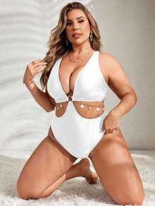 SHEIN Swim Curve Plus Size Solid Color Hollow Chain Decor One-Piece Swimsuit, Summer - White - View 8