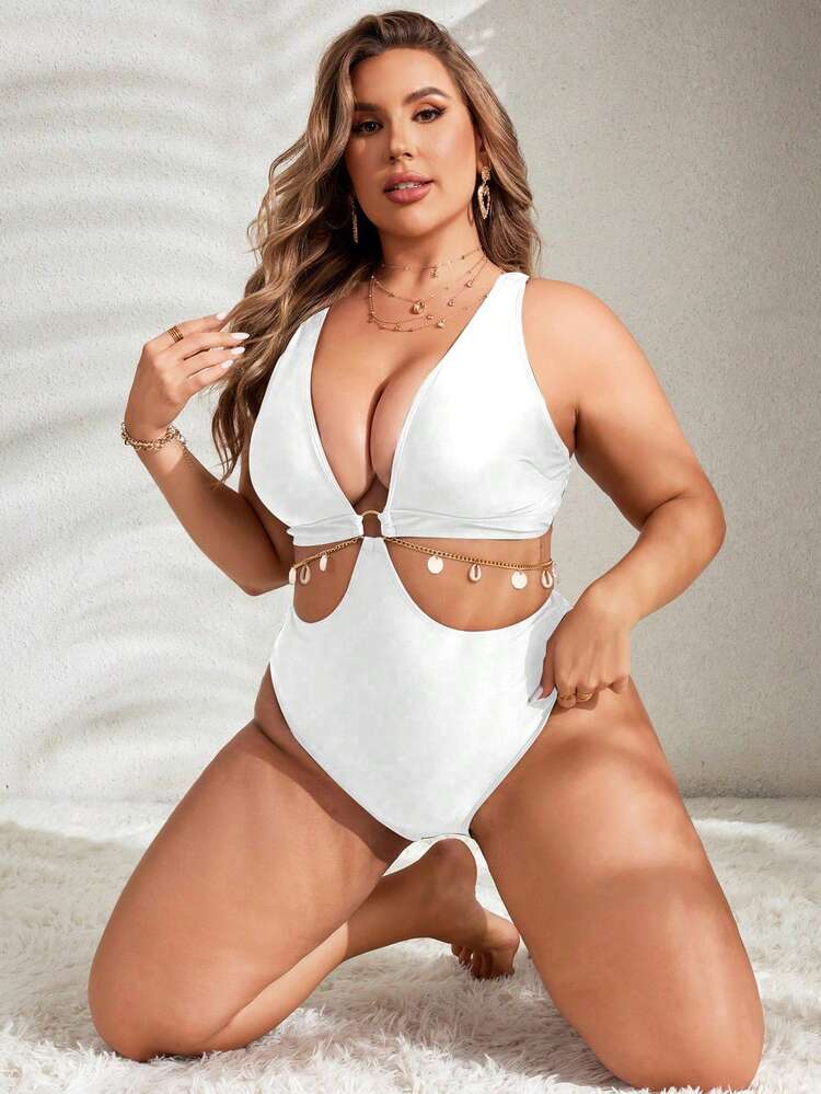 SHEIN Swim Curve Plus Size Solid Color Hollow Chain Decor One-Piece Swimsuit, Summer - White - View 8
