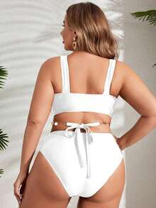 SHEIN Swim Curve Plus Size Solid Color Hollow Chain Decor One-Piece Swimsuit, Summer - White - View 4