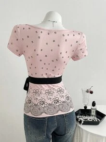 Elamini 女款夏季度假印花休閒 2合1 蕾絲拼接蝴蝶結裝飾修身短袖T恤 粉色復古 - 淺粉色 - 查看 2