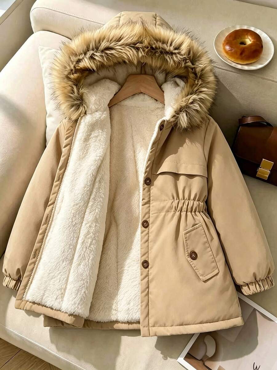SHEIN Elladie kids Young Girls Mid-Length Cinched Waist Hooded Padded Coat With Thermal Lining, Thick Padding, Button Closure, Large Fur Collar, Snug Fit Fit