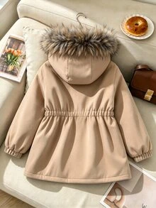 SHEIN Elladie kids Young Girls Mid-Length Cinched Waist Hooded Padded Coat With Thermal Lining, Thick Padding, Button Closure, Large Fur Collar, Snug Fit Fit - Khaki - View 3