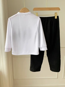 SHEIN 2件組兒童小男孩秋冬休閒學院風菱格紋長袖 Polo 衫與燈芯絨長褲套裝，適合秋冬、返校、派對、街頭風、度假、外出 - 黑色 - 查看 6