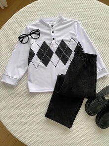SHEIN 2件組兒童小男孩秋冬休閒學院風菱格紋長袖 Polo 衫與燈芯絨長褲套裝，適合秋冬、返校、派對、街頭風、度假、外出 - 黑色 - 查看 4