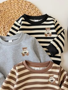 SHEIN 2件組幼兒男童運動衫運動長褲套裝，可愛灰色棕色條紋熊貼布，長袖圓領，常規款，適合戶外秋季聖誕萬聖節，羅紋設計 - 彩色 - 查看 6